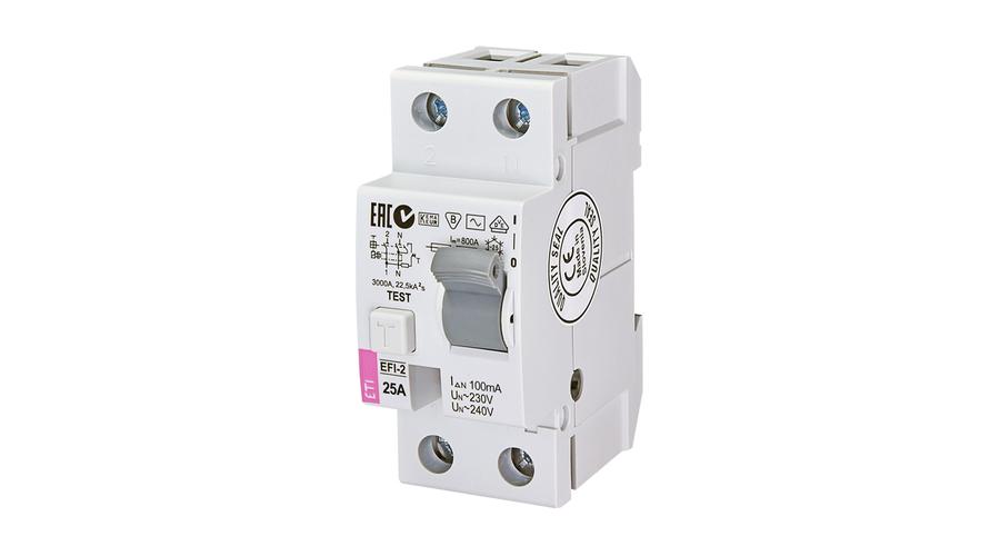 ETI Fi relé 2P 25A/100mA AC érintésvédelmi relé áramvédőkapcsoló EFI2